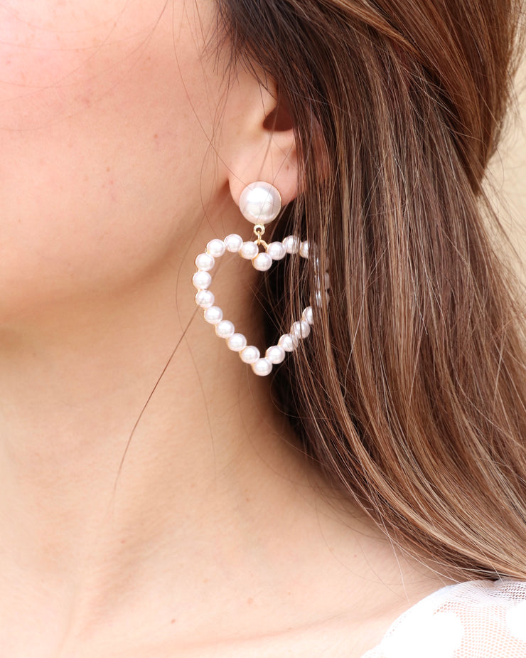 White Pearl Heart Earrings