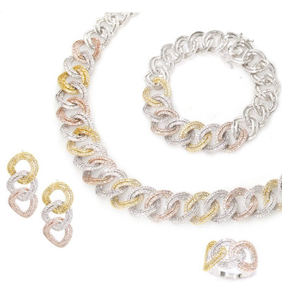 Three-Tone Link Chain Set with CZ of Jewels